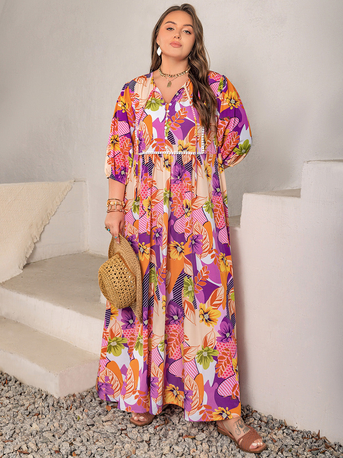 Plus Size Printed Tie Neck Maxi Dress-Angel Casuals