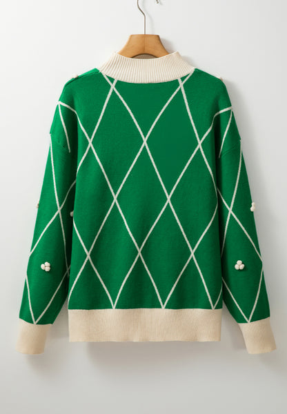 Diamond Pattern Contrast Trim Mock Neck Sweater-Angel Casuals