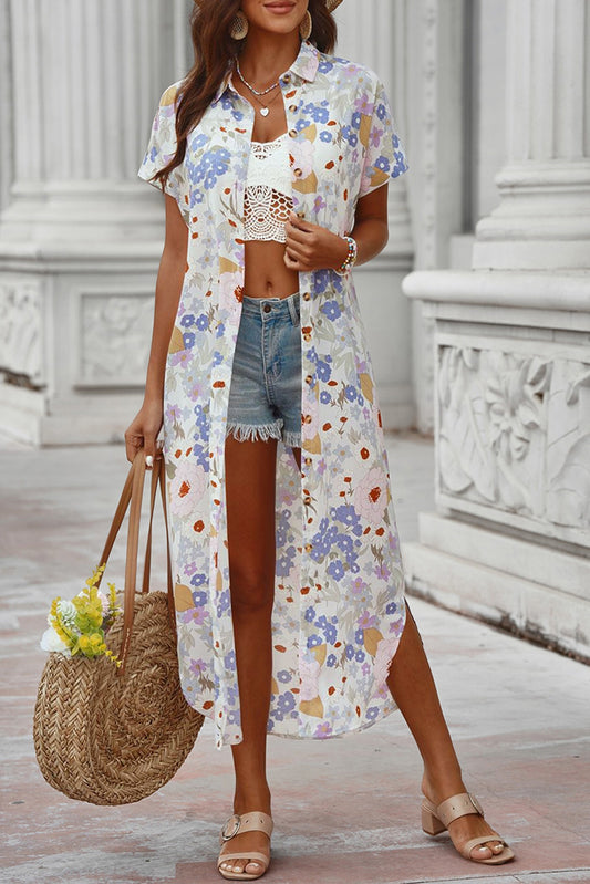 Printed Open Front Short Sleeve Cover-Up-Angel Casuals