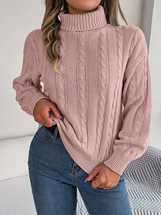 Cable-Knit Turtleneck Dropped Shoulder Sweater-Angel Casuals