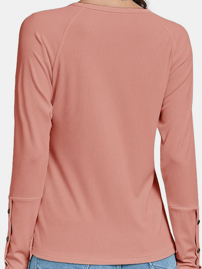 Decorative Button V-Neck Long Sleeve T-Shirt-Angel Casuals