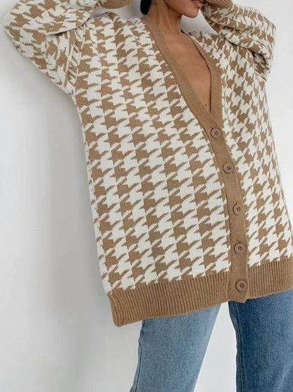 Houndstooth Button Up Long Sleeve Cardigan-Angel Casuals