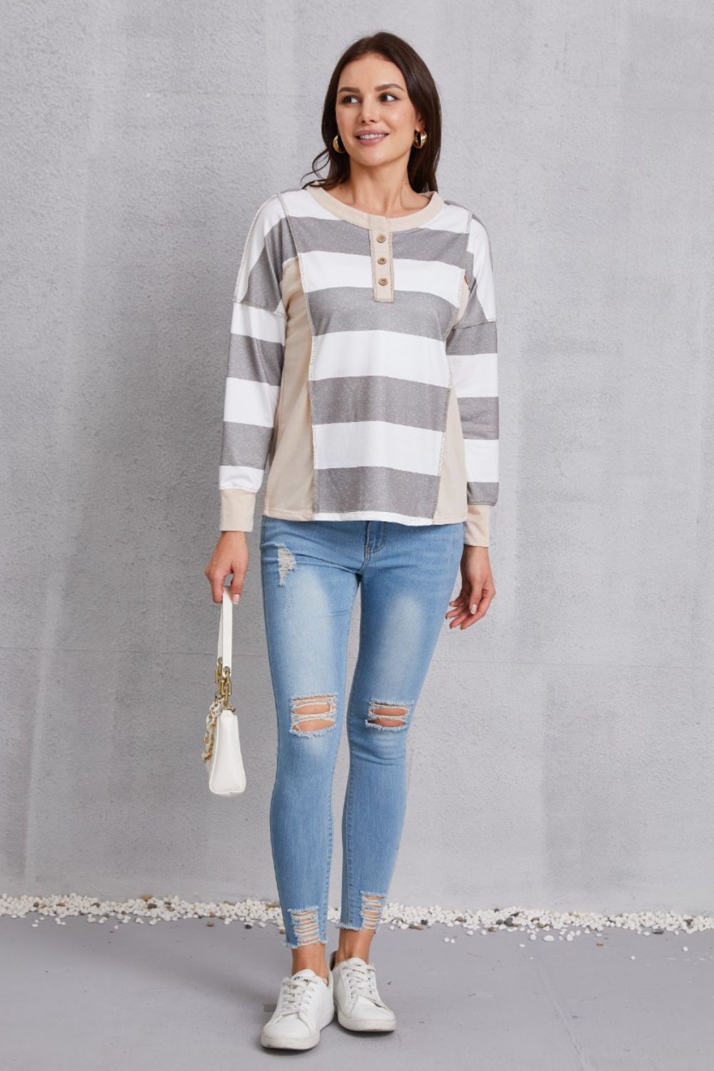 Striped Exposed Seam Buttoned T-Shirt-Angel Casuals