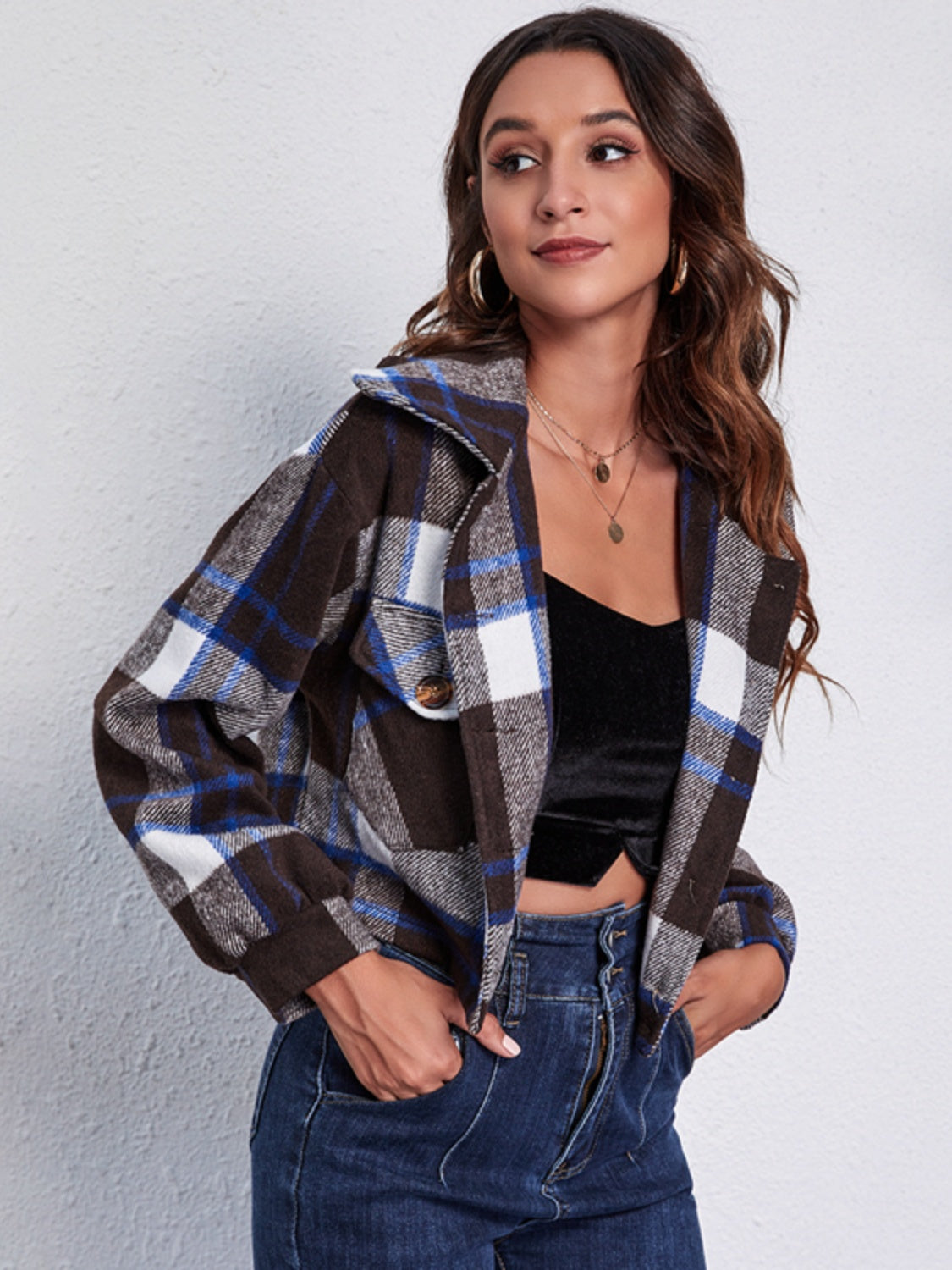Plaid Button Front Jacket with Pockets-Angel Casuals