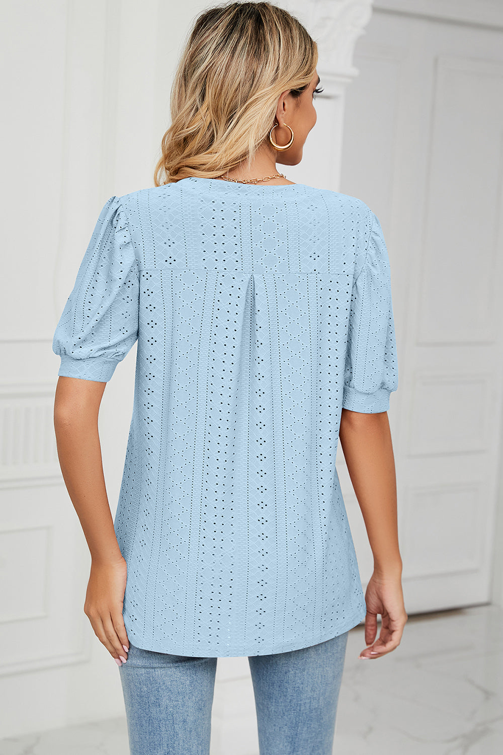 Eyelet Notched Short Sleeve T-Shirt-Angel Casuals