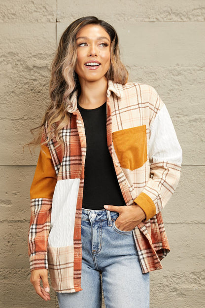 Double Take Plaid Color Block Dropped Shoulder Shacket-Angel Casuals