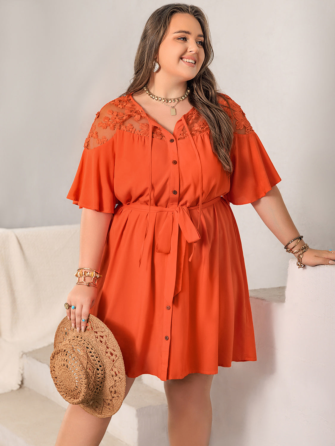 Plus Size Lace Button Up Half Sleeve Dress-Angel Casuals