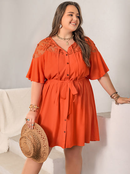 Plus Size Lace Button Up Half Sleeve Dress-Angel Casuals