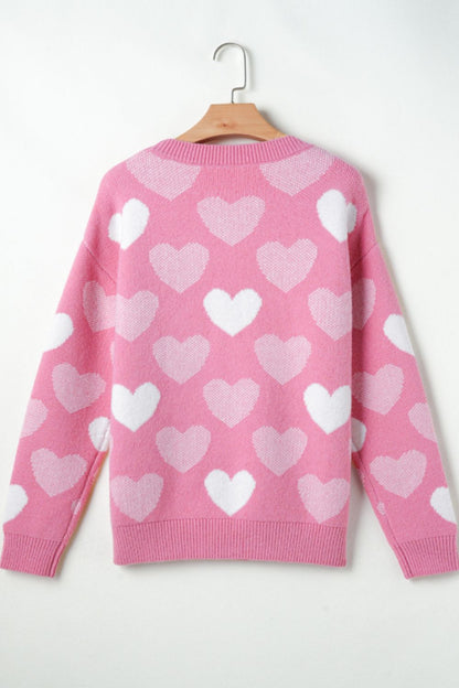 Pearl Trim Heart Round Neck Long Sleeve Sweater-Angel Casuals