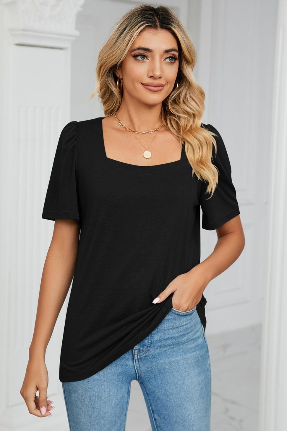 Square Neck Puff Sleeve T-Shirt-Angel Casuals