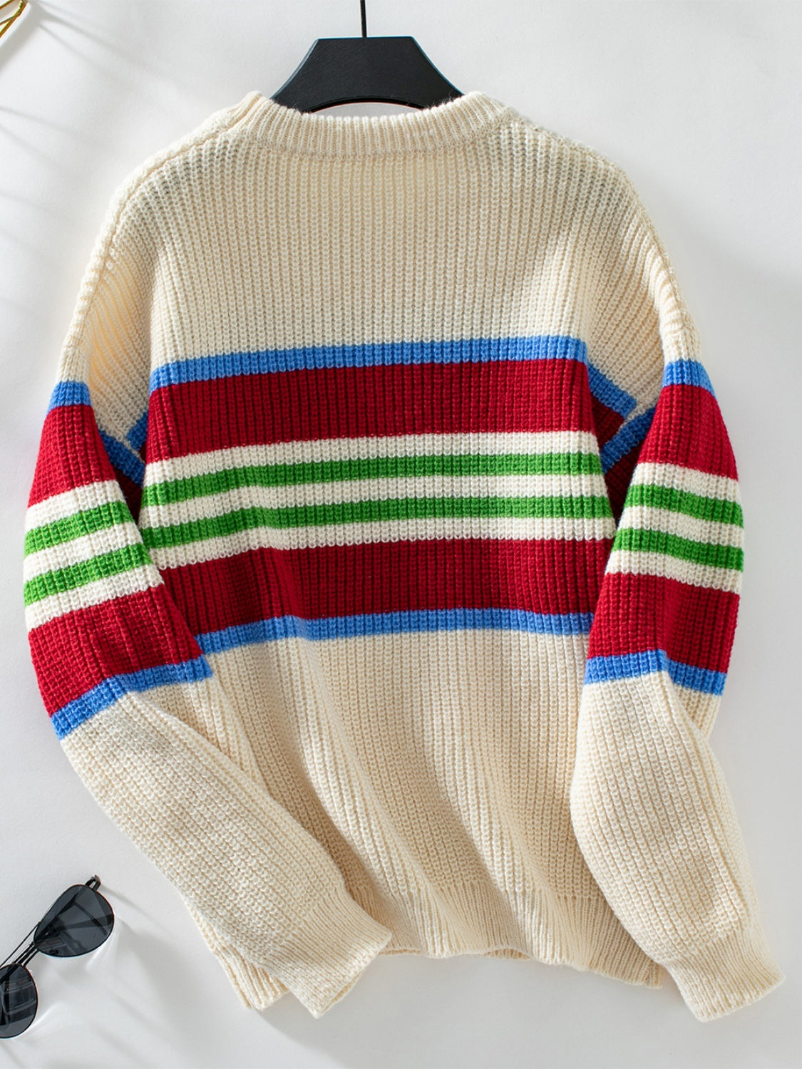 Contrast Stripes Round Neck Long Sleeve Sweater-Angel Casuals