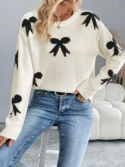 Perfee Bow Graphic Round Neck Long Sleeve Sweater-Angel Casuals