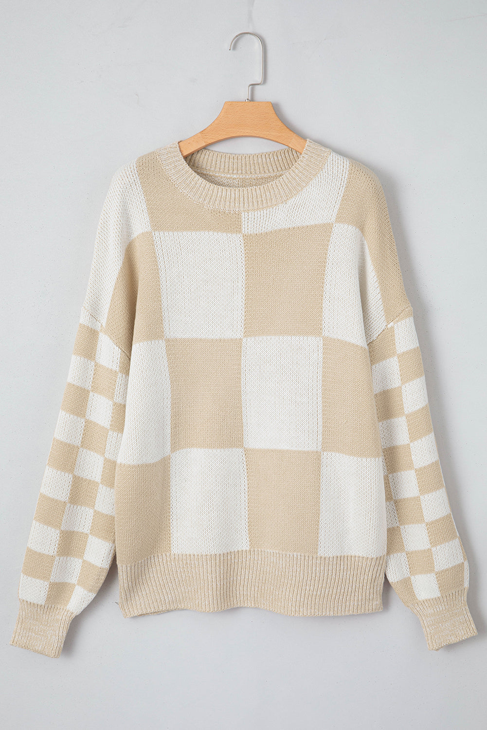 Checkered Round Neck Drop Shoulder Sweater-Angel Casuals