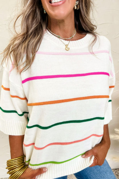 Striped Half Sleeve Drop Shoulder Sweater-Angel Casuals