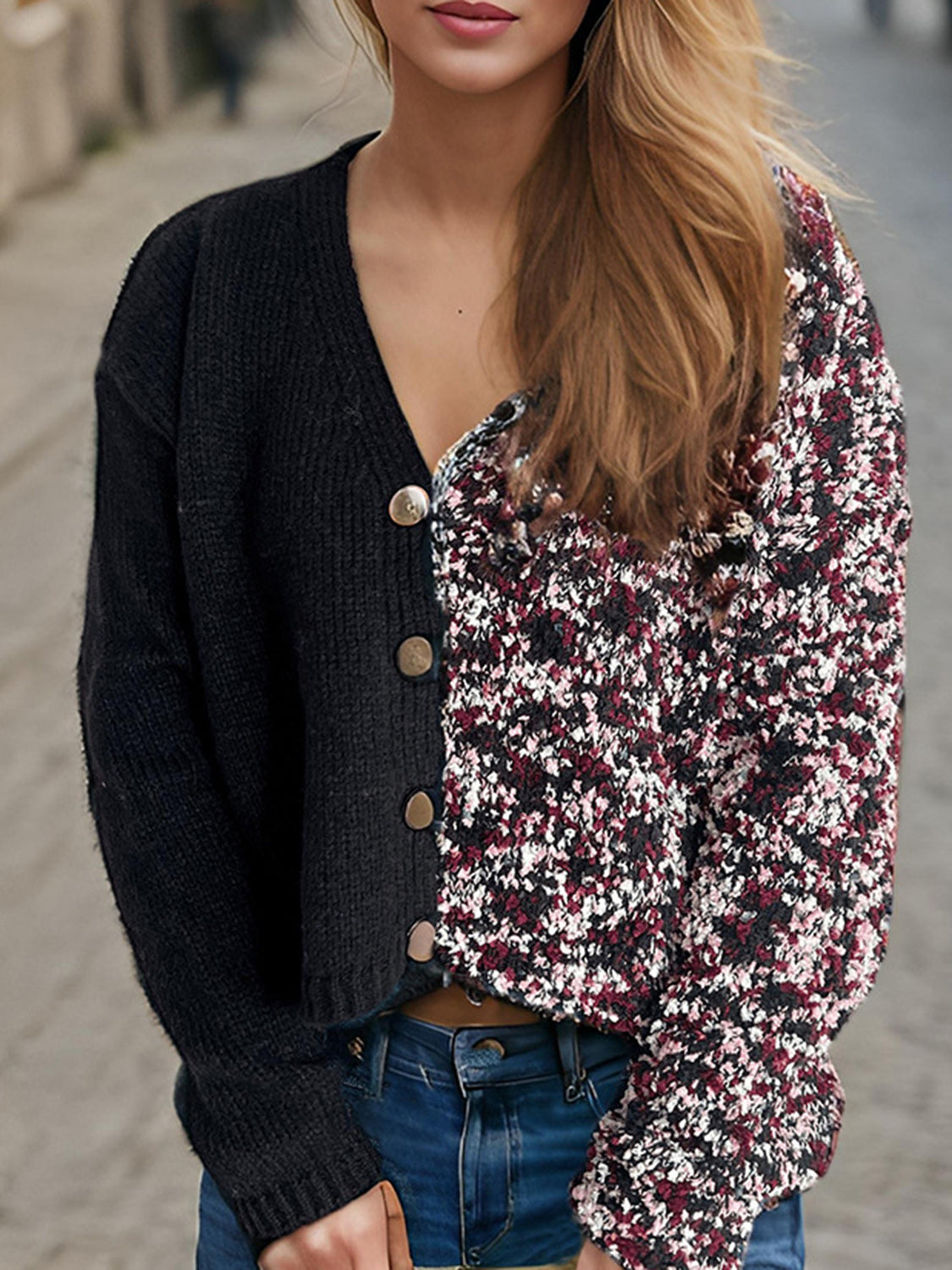 Contrast Button Up V-Neck Cropped Cardigan-Angel Casuals