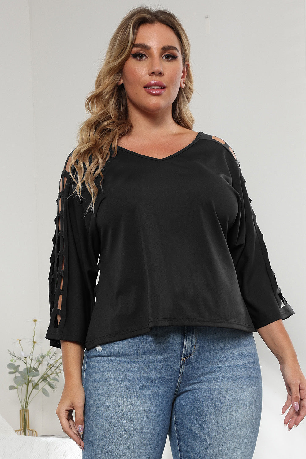 3/4 Sleeve Cutout Detail Top-Angel Casuals