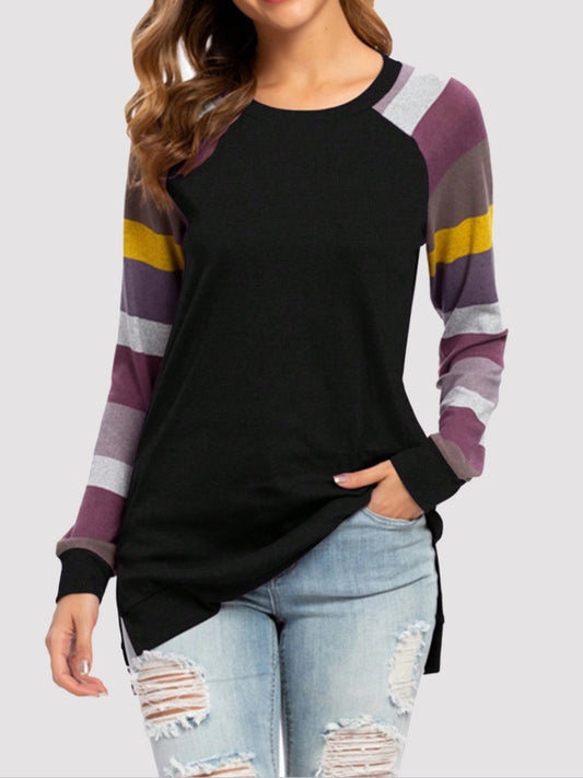 Color Block Round Neck Long Sleeve T-Shirt-Angel Casuals