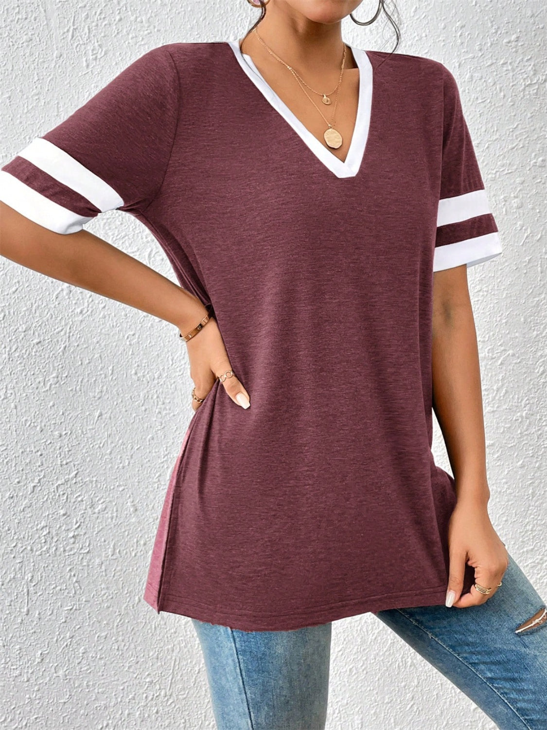 Contrast Trim V-Neck Short Sleeve T-Shirt-Angel Casuals