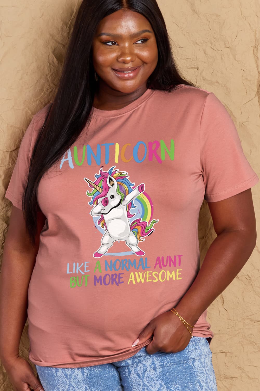 Simply Love Full Size AUNTICORN LIKE A NORMAL AUNT BUT MORE AWESOME Graphic Cotton Tee-Angel Casuals