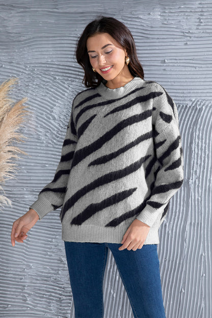 Animal Element Round Neck Dropped Shoulder Sweater-Angel Casuals