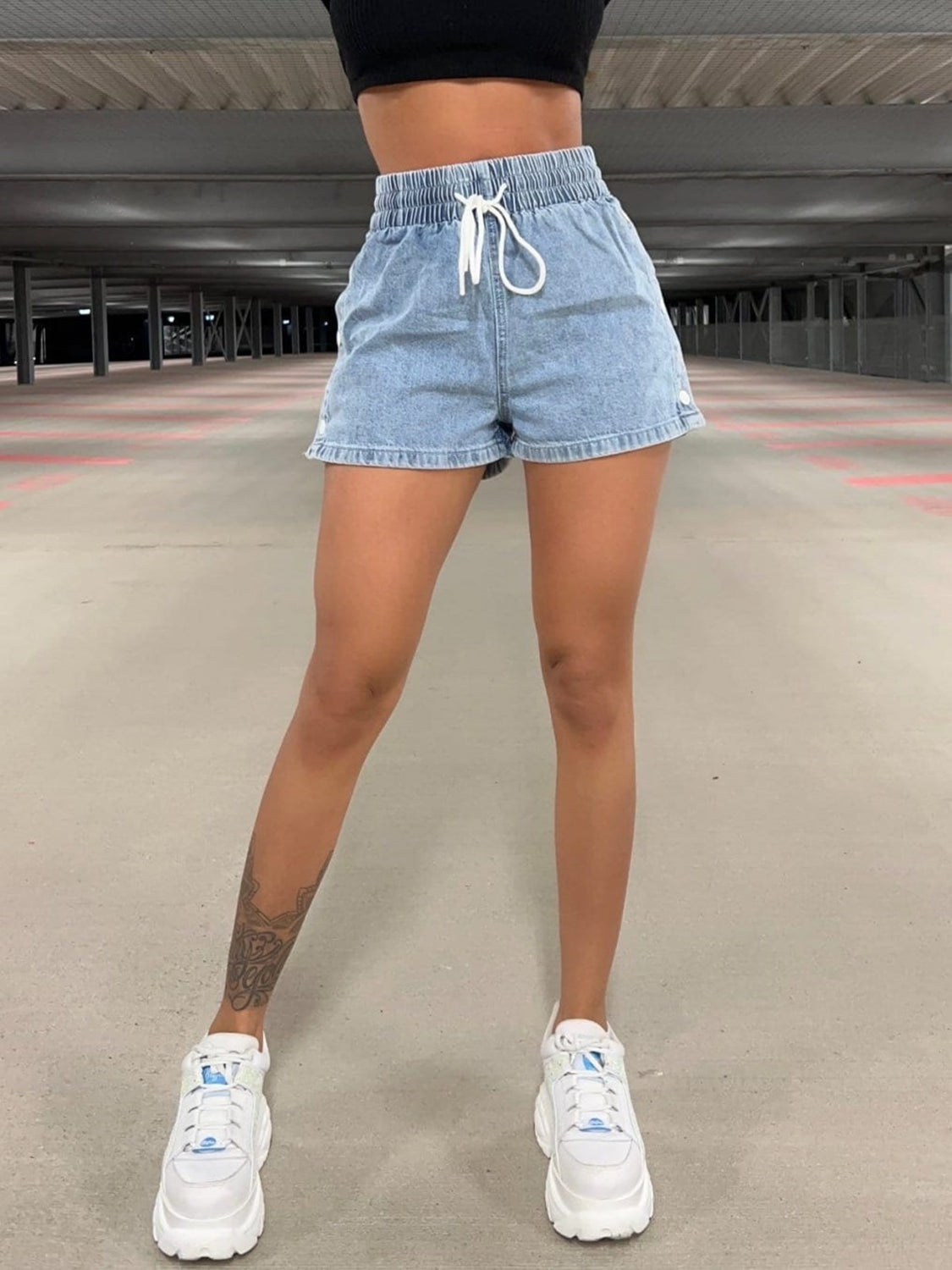 Drawstring High Waist Denim Shorts-Angel Casuals