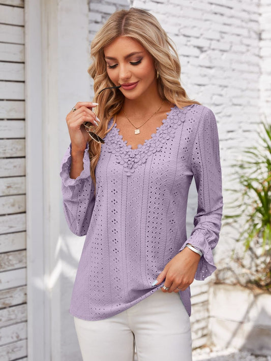 Applique V-Neck Flounce Sleeve T-Shirt-Angel Casuals