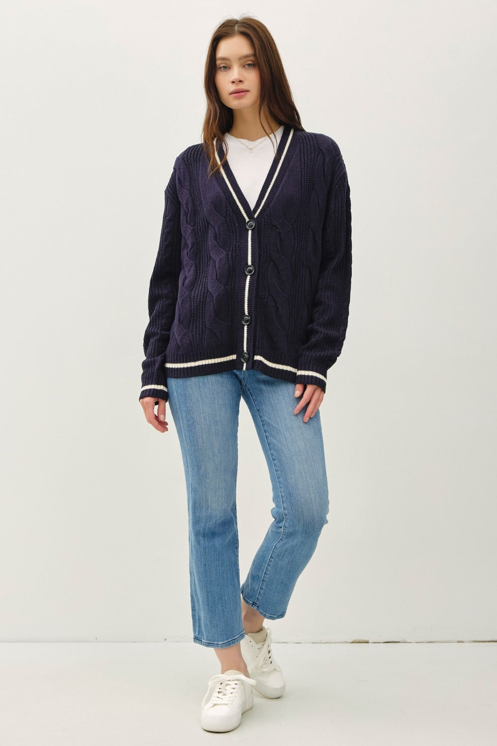 Be Cool Contrast Trim Cable-Knit V-Neck Cardigan-Angel Casuals