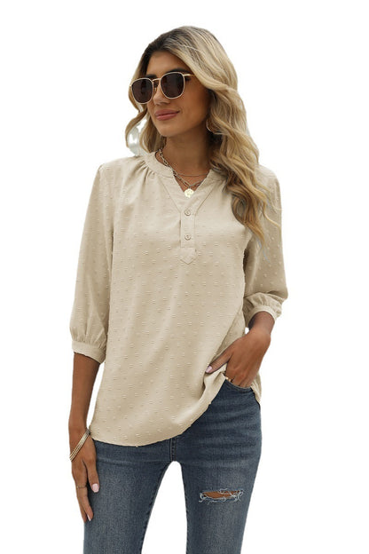 Swiss Dot Notched Neck Three-Quarter Sleeve Blouse-Angel Casuals