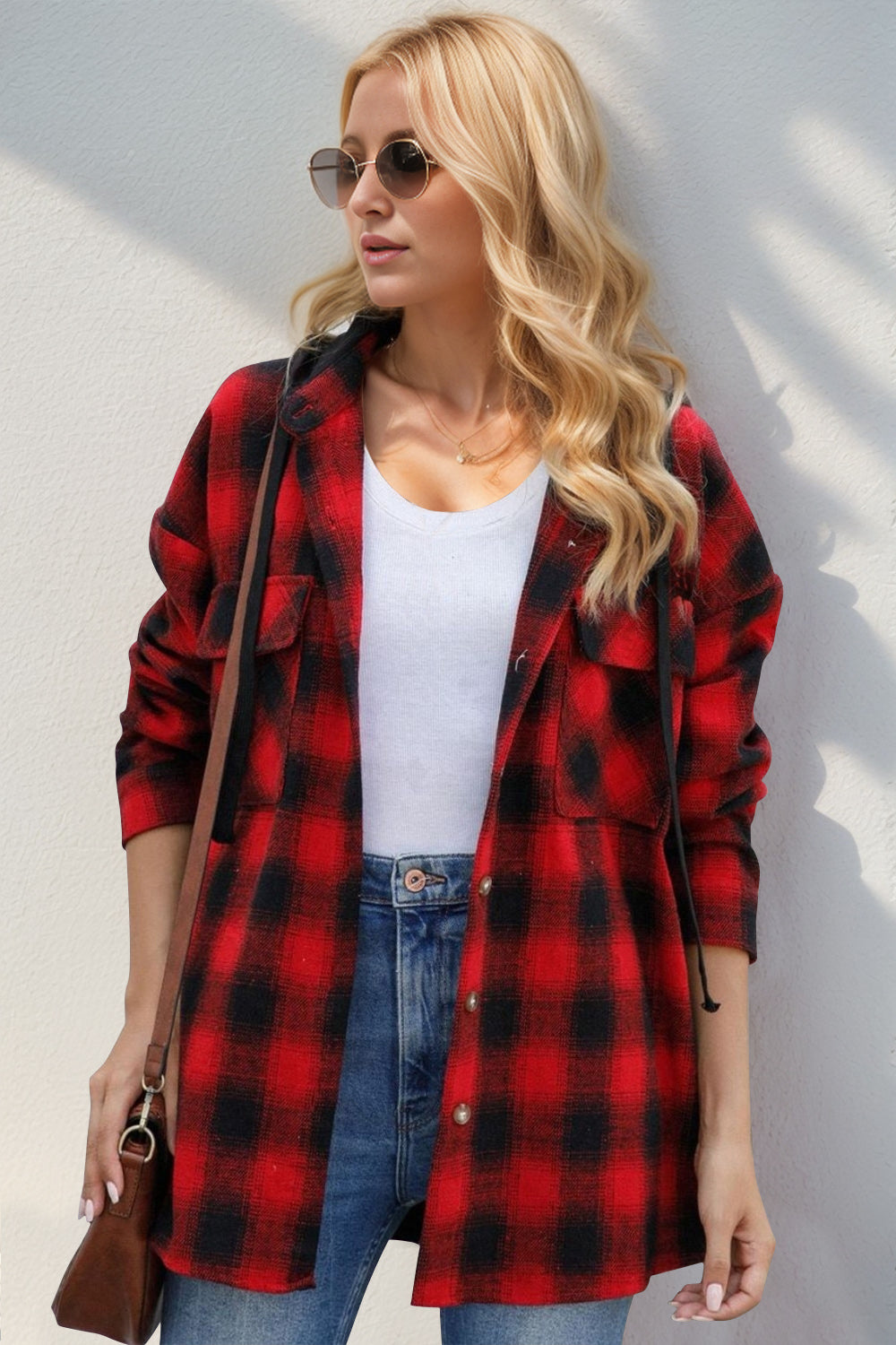 Double Take Drawstring Plaid Long Sleeve Hooded Shacket-Angel Casuals