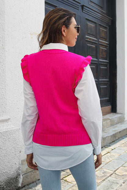 Round Neck Ruffled Sweater Vest-Angel Casuals