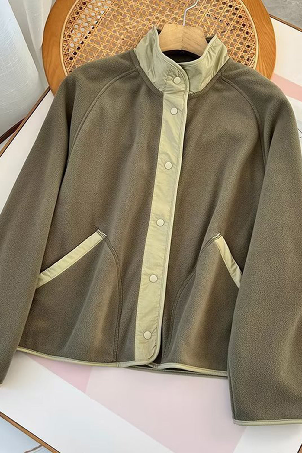 Double Take Snap Down Contrast Fleece Jacket with Pockets-Angel Casuals