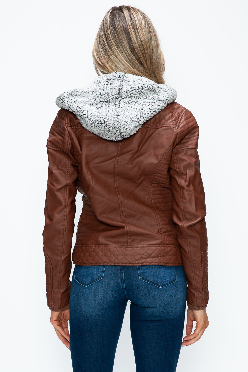 YMI Faux Layered Double-Zipper Jacket with Fuzzy Hood-Angel Casuals