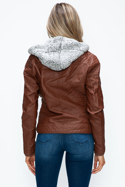 YMI Faux Layered Double-Zipper Jacket with Fuzzy Hood-Angel Casuals