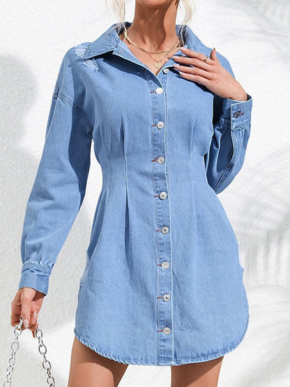 Distressed Button Up Long Sleeve Denim Dress-Angel Casuals