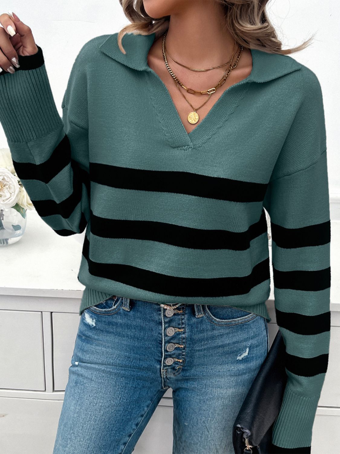 Devine Striped Collared Neck Long Sleeve Sweater-Angel Casuals