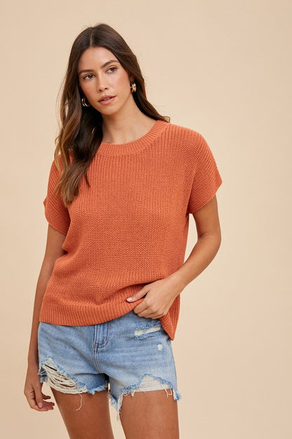 Annie Wear Round Neck Short Sleeve Sweater-Angel Casuals