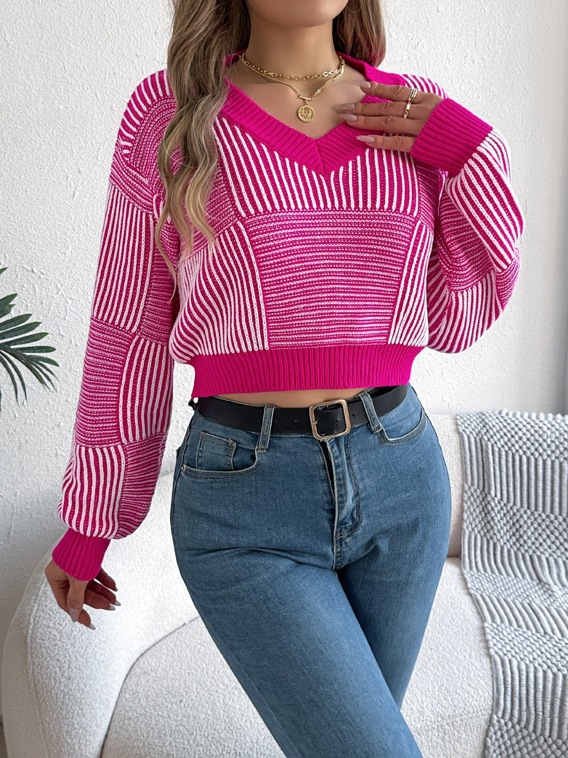 Striped V-Neck Long Sleeve Sweater-Angel Casuals