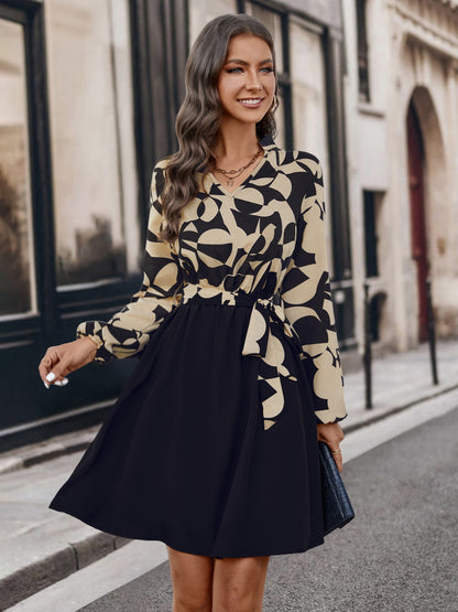 Contrast Notched Tie Front Long Sleeve Dress-Angel Casuals