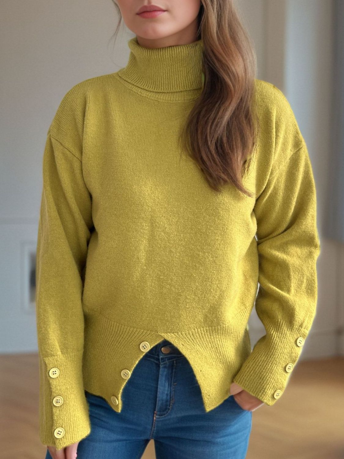 Front Slit Decorative Button Turtleneck Sweater-Angel Casuals