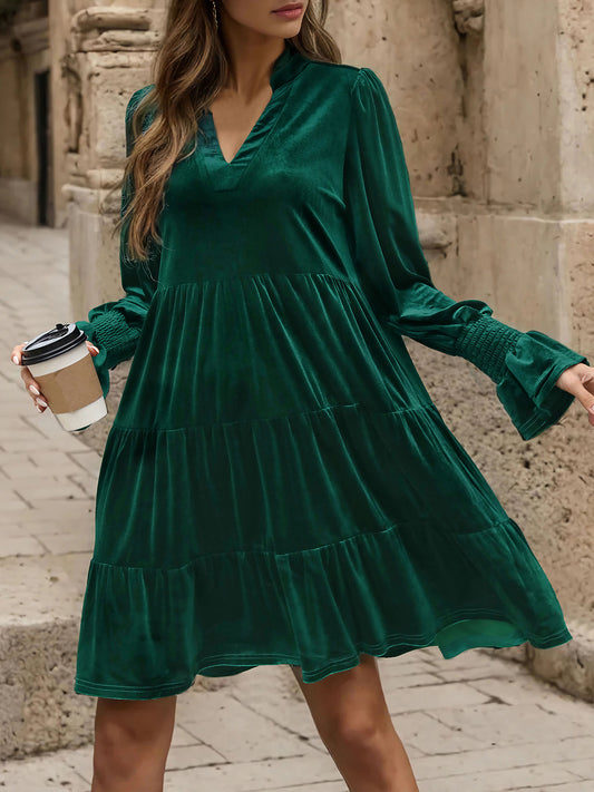 Notched Long Sleeve Tiered Dress-Angel Casuals