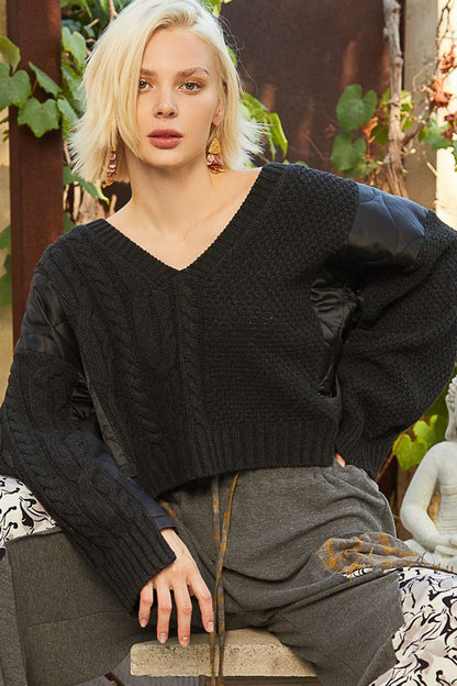 POL Cable Knit Quilting Patch V-Neck Sweater-Angel Casuals