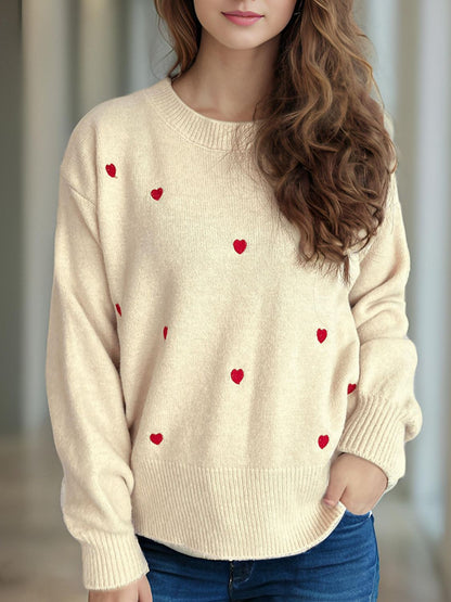 Heart Round Neck Long Sleeve Sweater-Angel Casuals