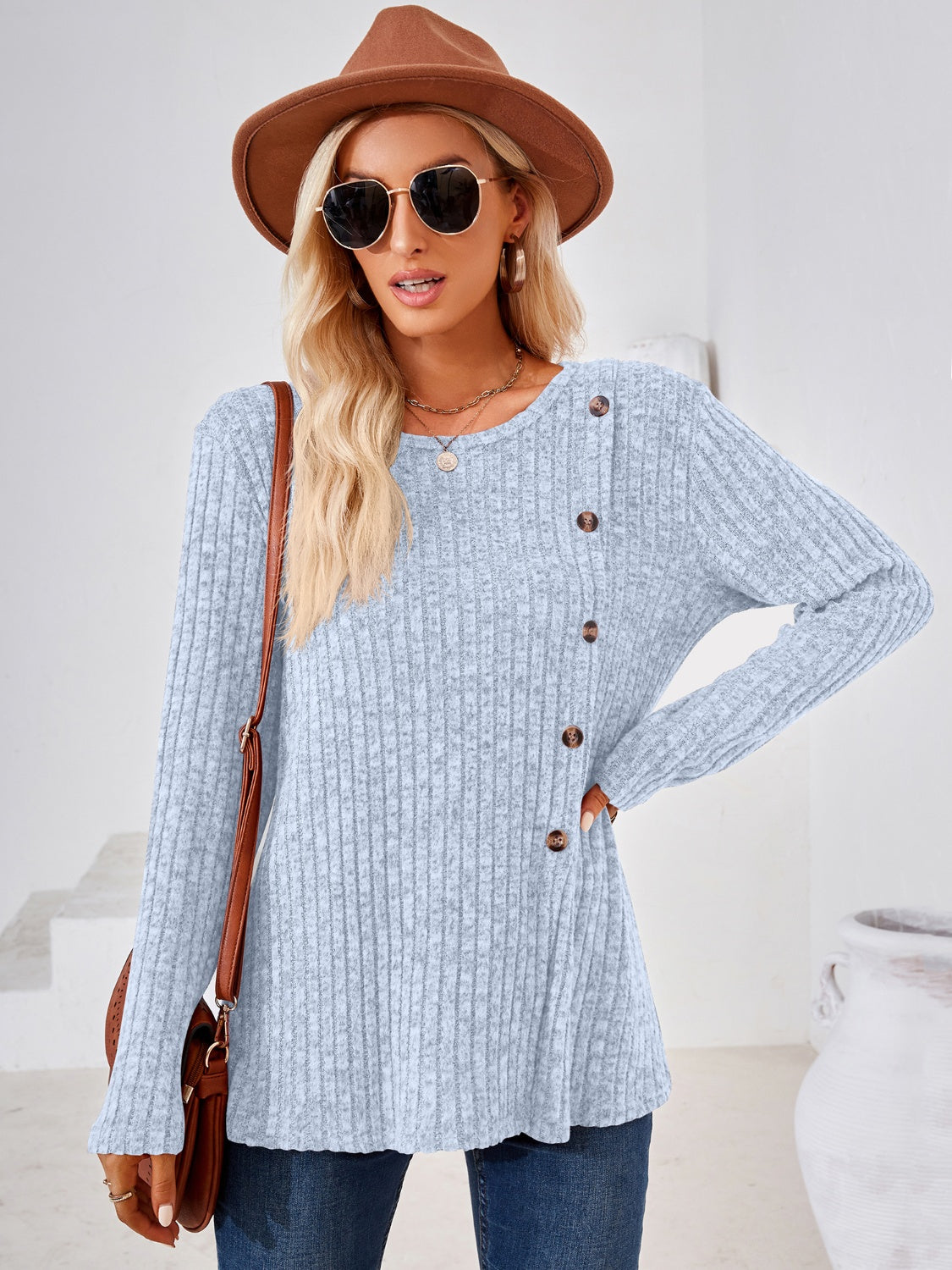 Ribbed Buttoned Round Neck Slit T-Shirt-Angel Casuals