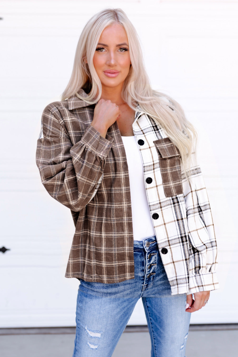 Plaid Contrast Button Up Shirt Jacket-Angel Casuals