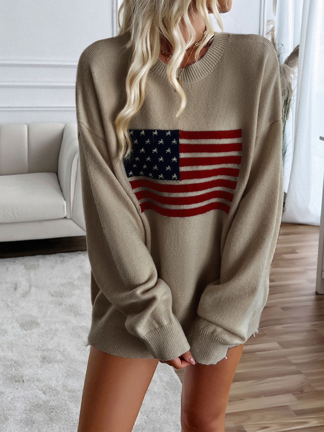 Devine US Flag Round Neck Long Sleeve Knit Top-Angel Casuals