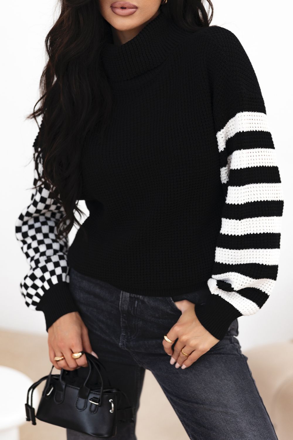 Striped & Checkered Turtleneck Dropped Shoulder Sweater-Angel Casuals