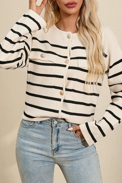 Striped Button Up Round Neck Cardigan-Angel Casuals