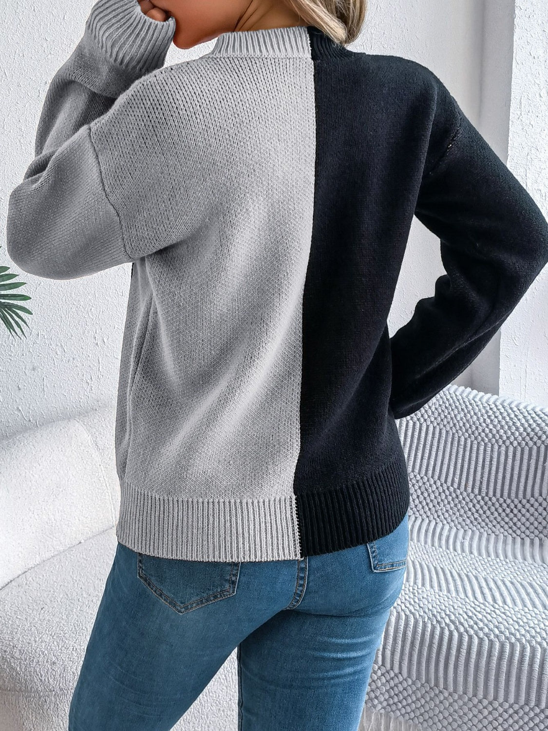 Contrast Round Neck Long Sleeve Sweater-Angel Casuals