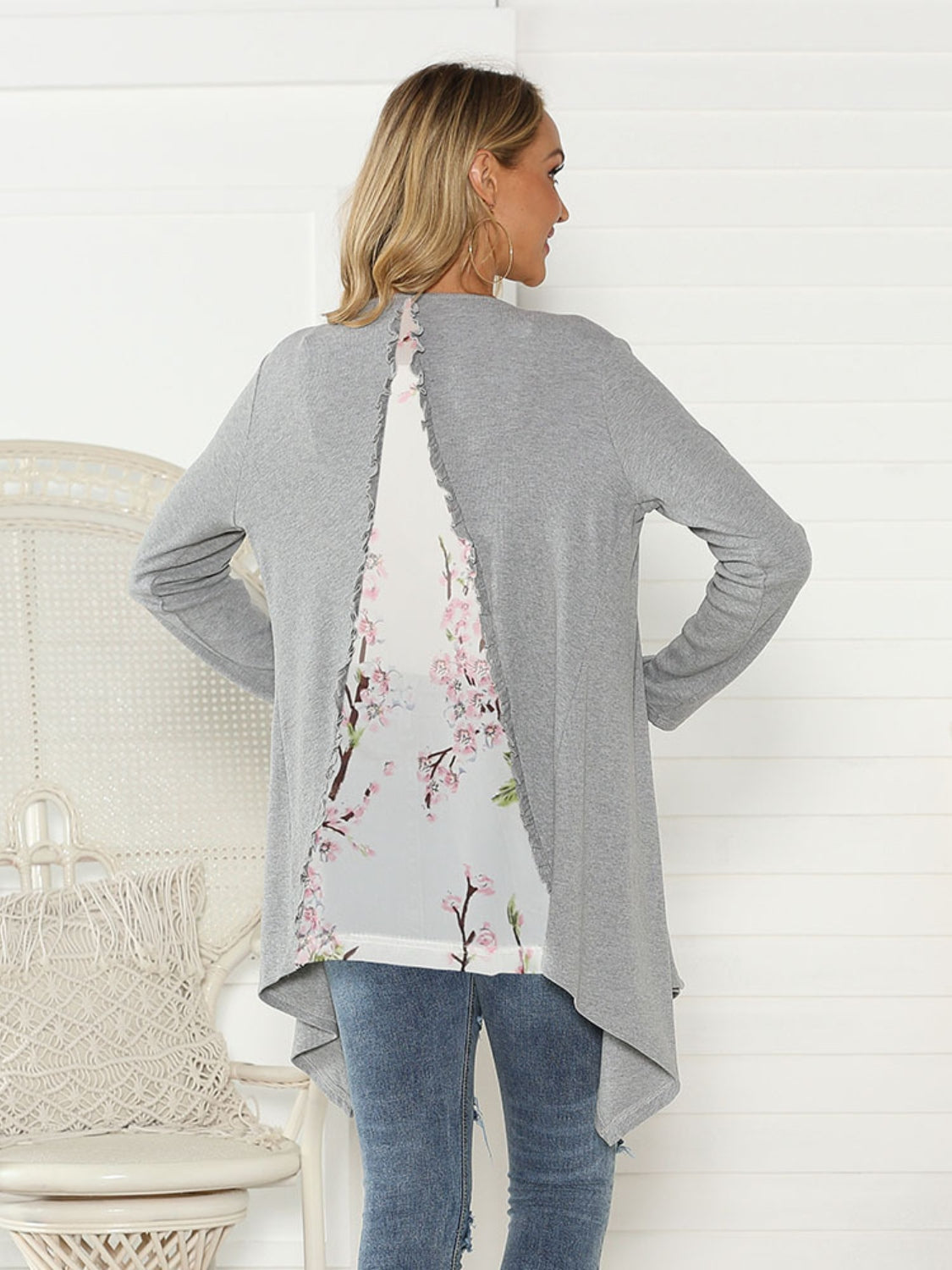 Shiny Floral Open Front Long Sleeve Cardigan-Angel Casuals