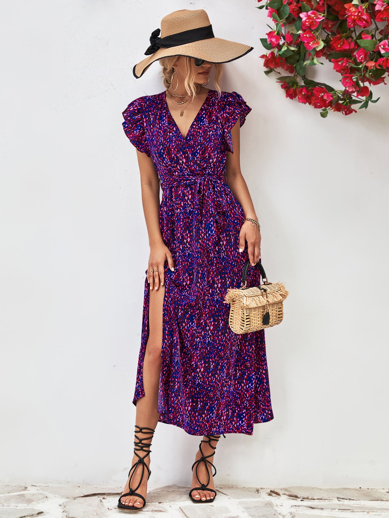 Printed Surplice Neck Flutter Sleeve Slit Dress-Angel Casuals